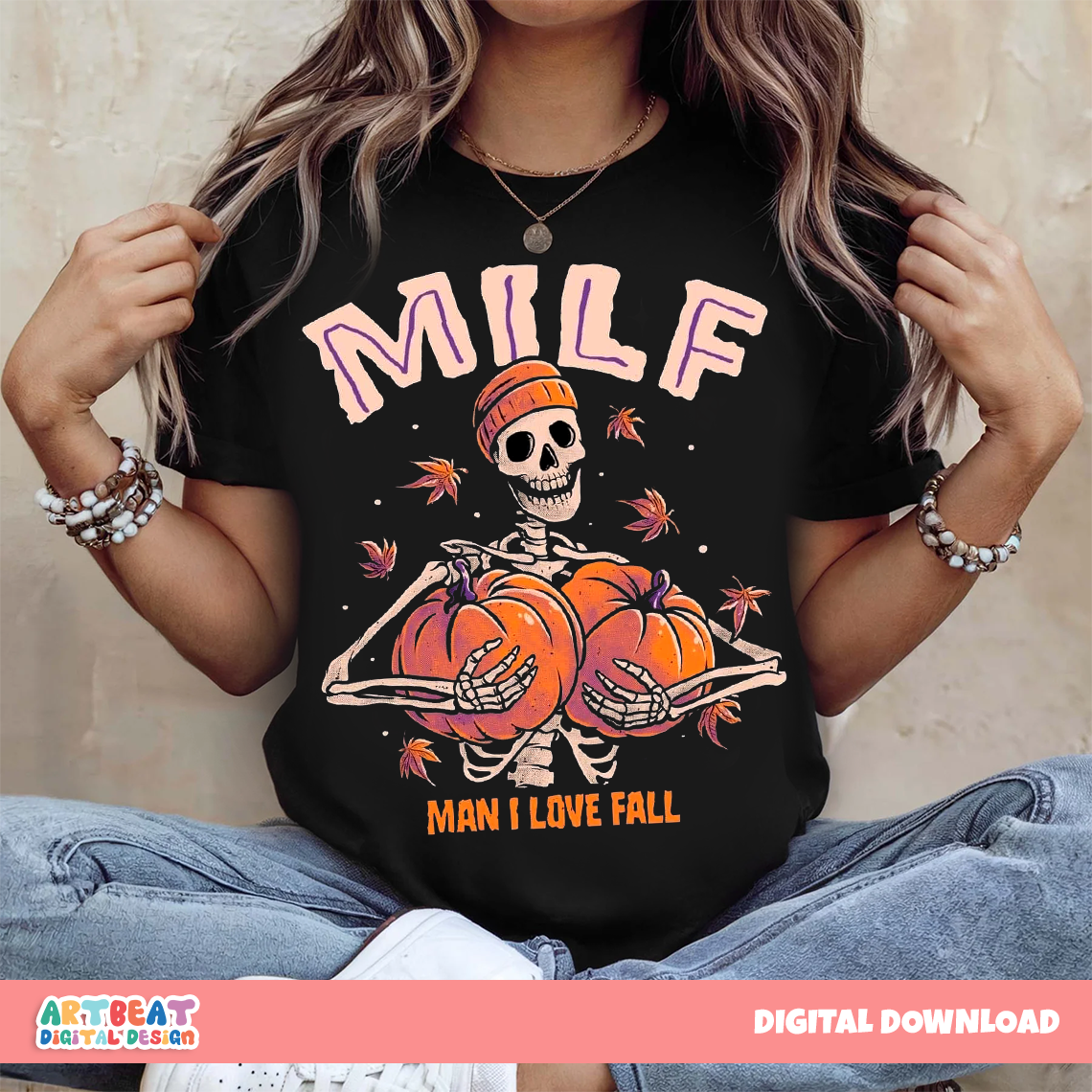 MILF Man I Love Fall Skeleton PNG SVG, Funny Fall Quote Sublimation, Autumn Shirt Design, Digital Halloween Pumpkin Clipart for Crafts