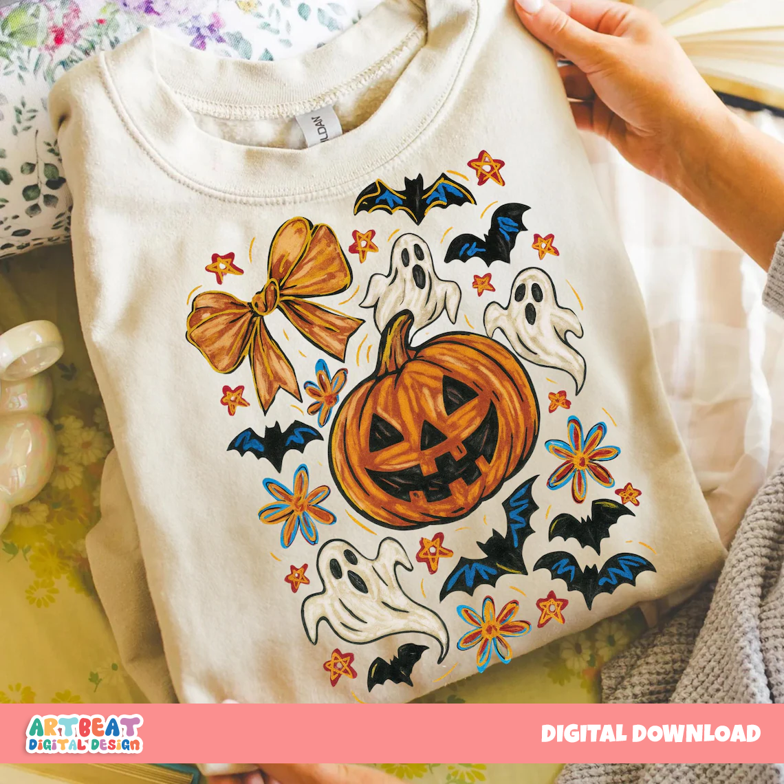 Halloween Pumpkin Ghost PNG SVG, Spooky Cute Ghost Clipart, Retro Halloween Sublimation, Digital Download for Shirts, Mugs & Crafts