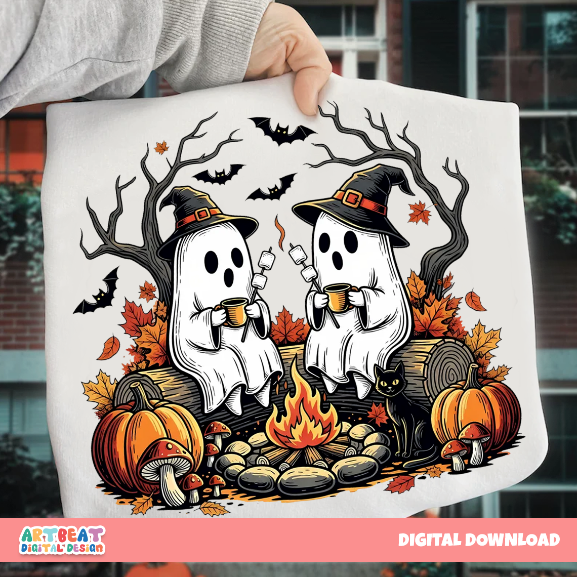 Retro Cute Ghost Halloween PNG SVG, Fall Camping Boo Ghosts Clipart, Autumn Floral Spooky Season, Cozy Campfire Halloween Sublimation Design