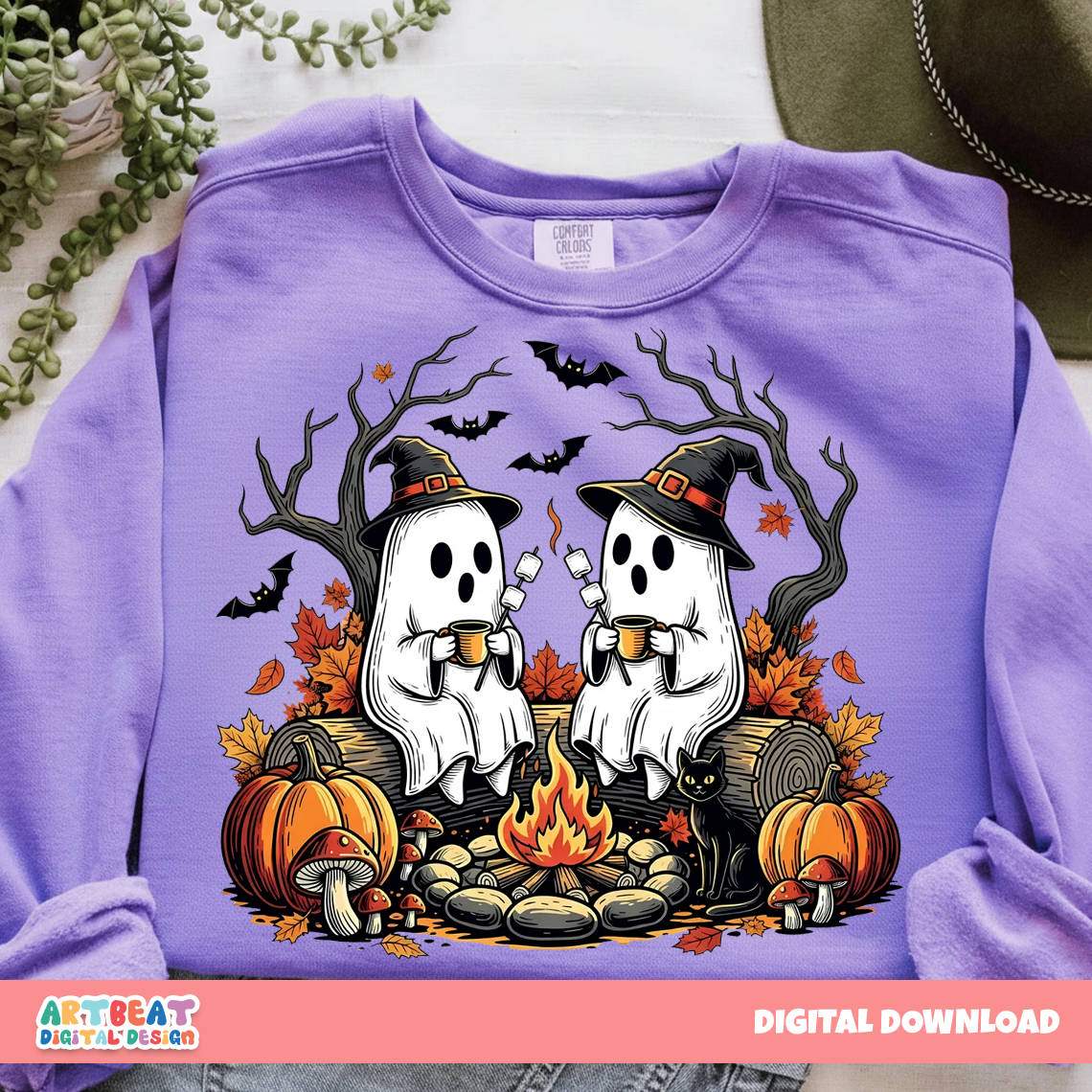 Retro Cute Ghost Halloween PNG SVG, Fall Camping Boo Ghosts Clipart, Autumn Floral Spooky Season, Cozy Campfire Halloween Sublimation Design