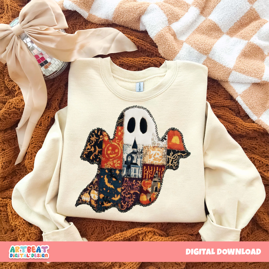 Halloween Vintage Quilt Ghost PNG SVG, Retro Spooky Ghost Clipart, Cute Halloween Digital Download, Sublimation Printable Art, Pumpkin Arts