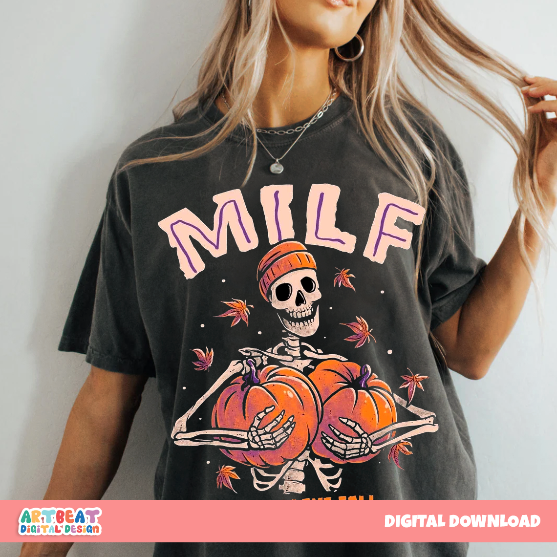 MILF Man I Love Fall Skeleton PNG SVG, Funny Fall Quote Sublimation, Autumn Shirt Design, Digital Halloween Pumpkin Clipart for Crafts