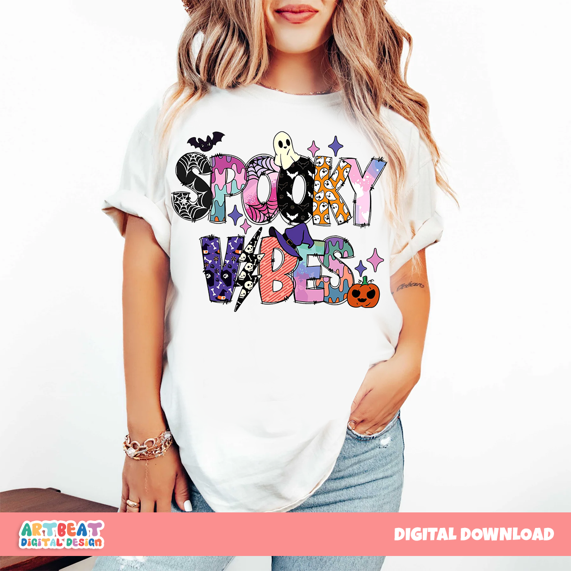 Spooky Vibes Halloween PNG SVG, Retro Ghost Pumpkin Shirt Design, Spooky Season Sublimation Clipart, Cricut Halloween Digital Download