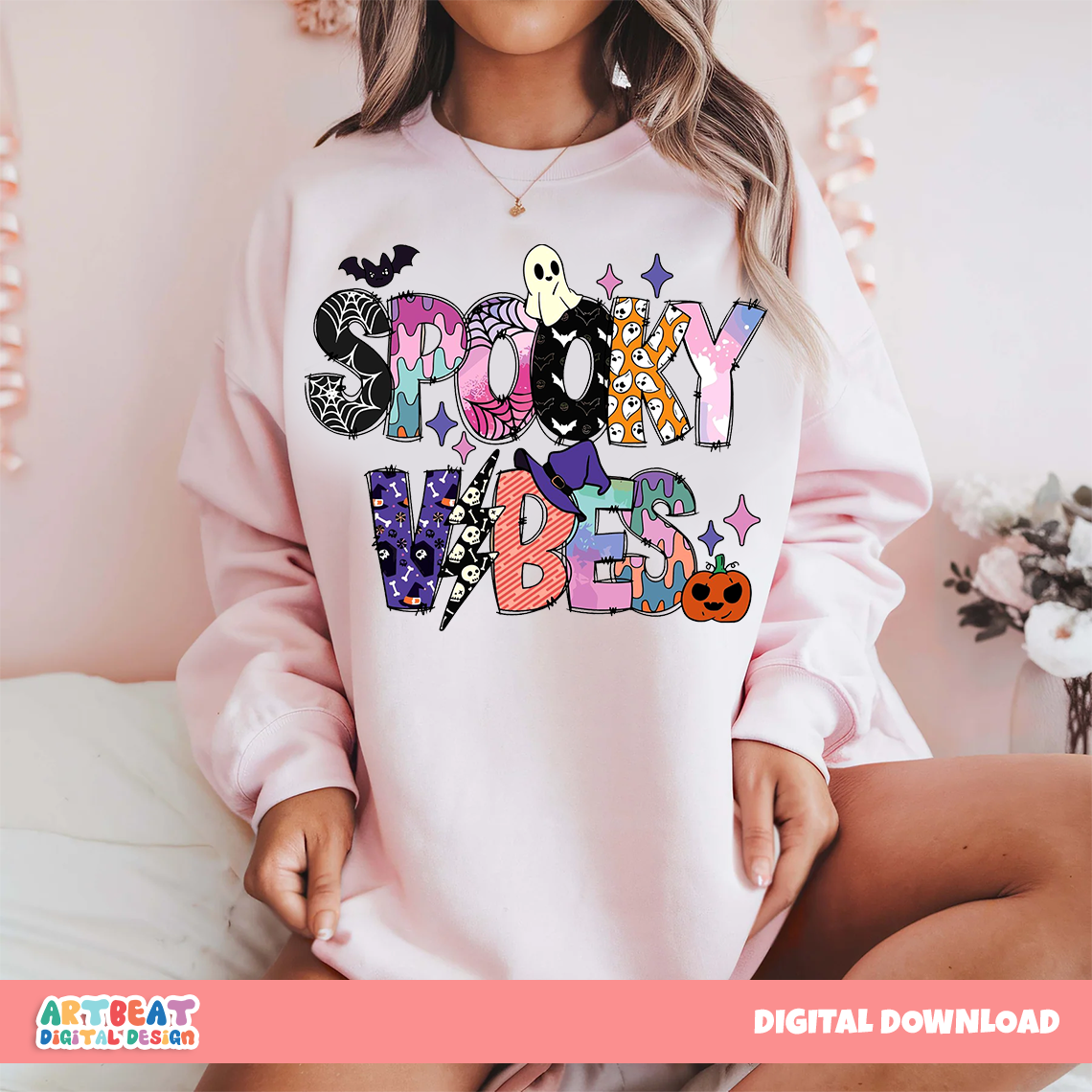 Spooky Vibes Halloween PNG SVG, Retro Ghost Pumpkin Shirt Design, Spooky Season Sublimation Clipart, Cricut Halloween Digital Download