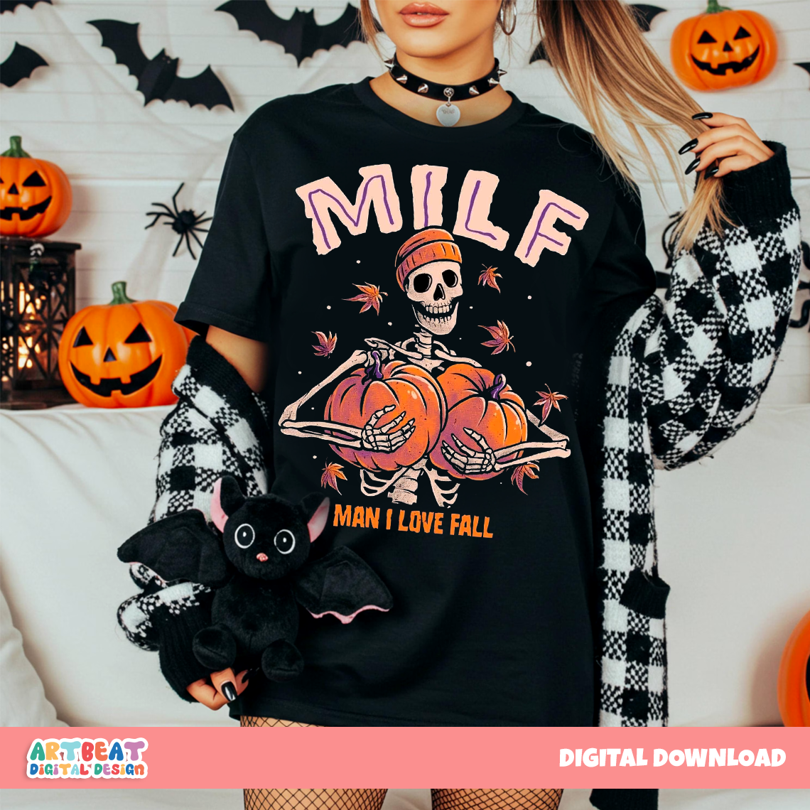 MILF Man I Love Fall Skeleton PNG SVG, Funny Fall Quote Sublimation, Autumn Shirt Design, Digital Halloween Pumpkin Clipart for Crafts