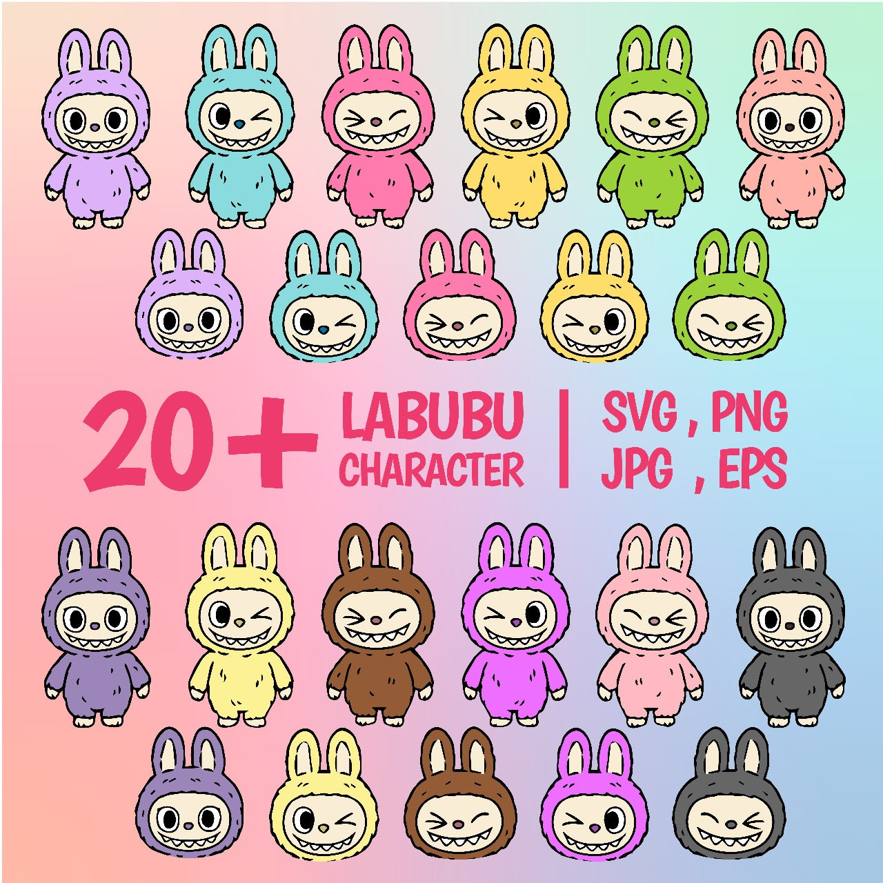 Labubu 22 Characters Clipart Bundle | Cute Kawaii Bunny Costume PNG SVG JPG | Digital Download for Sublimation, Stickers & Crafts- La bubu