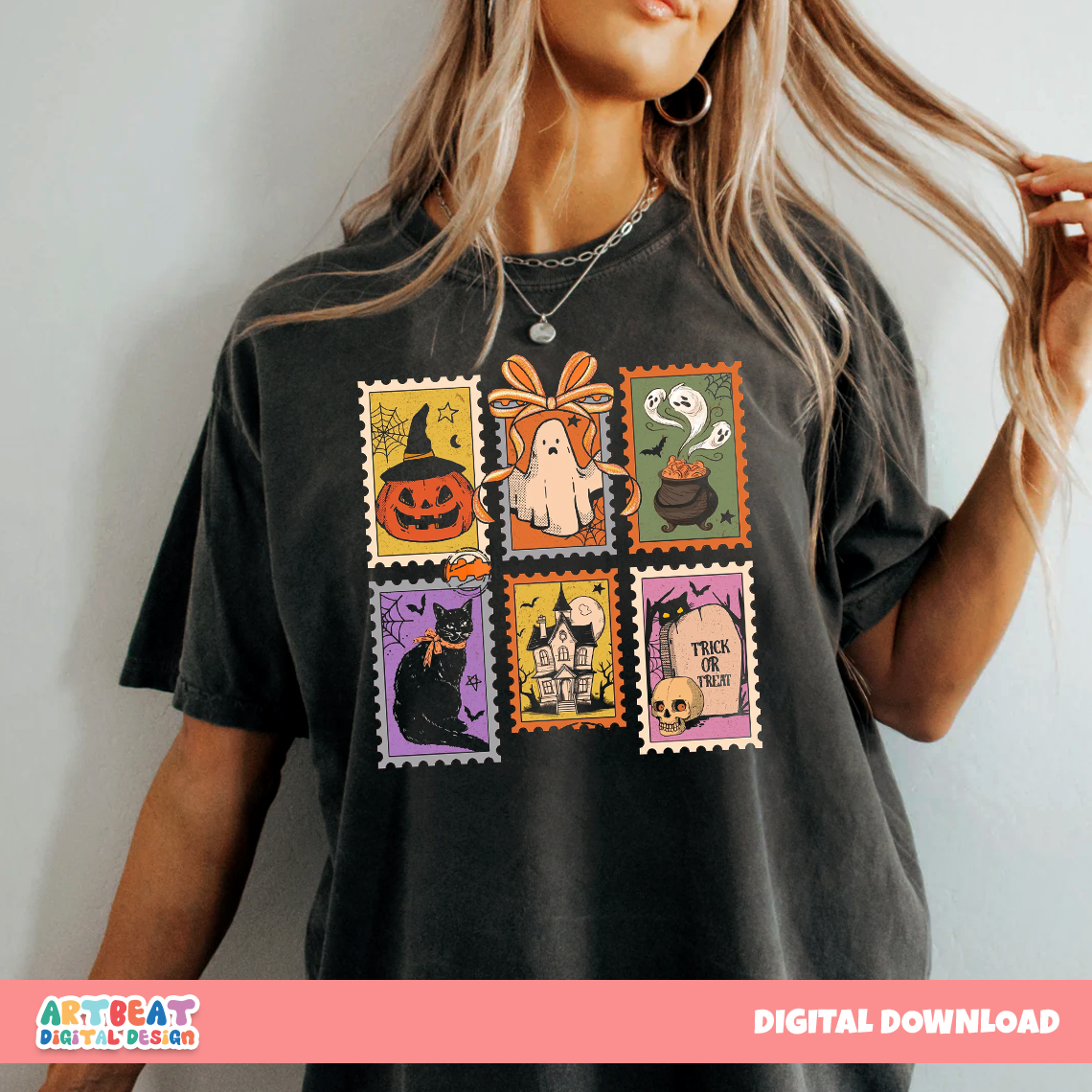 Vintage Halloween Stamps PNG SVG, Retro Spooky Clipart, Digital Halloween Postage Sublimation, Stickers, Scrapbooking & DIY Craft