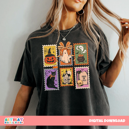 Vintage Halloween Stamps PNG SVG, Retro Spooky Clipart, Digital Halloween Postage Sublimation, Stickers, Scrapbooking & DIY Craft