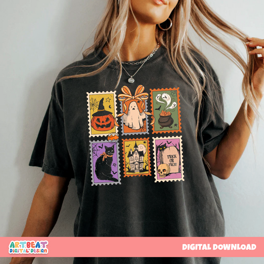 Vintage Halloween Stamps PNG SVG, Retro Spooky Clipart, Digital Halloween Postage Sublimation, Stickers, Scrapbooking & DIY Craft
