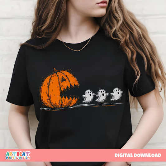 Halloween Pumpkin Chasing Ghost PNG SVG, Funny Spooky Season Shirt Design, Cute Ghost Sublimation, Cricut Silhouette Cut File Download