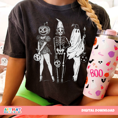 Skeleton Ghost Pumpkin PNG SVG, Spooky Halloween Clipart, Cute Skull Ghost Sublimation for Shirts, Stickers, Mugs & Fall Crafts