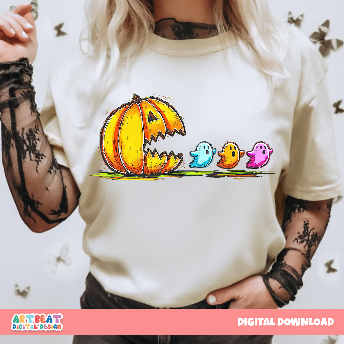 Retro Halloween Pumpkin Chasing Ghost Neon PNG SVG, Spooky Cute Digital Download, Vintage Halloween Clipart for Cricut & Sublimation Digital
