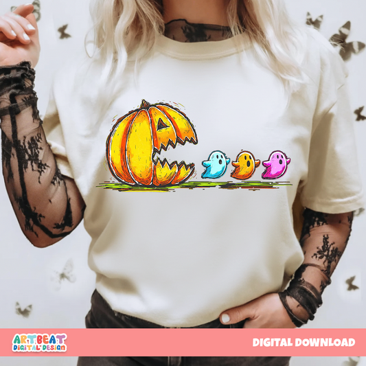 Retro Halloween Pumpkin Chasing Ghost Neon PNG SVG, Spooky Cute Digital Download, Vintage Halloween Clipart for Cricut & Sublimation Digital