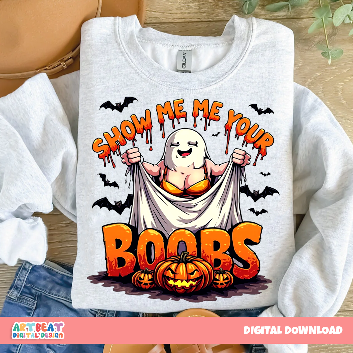 Show Me Your Boobs Halloween PNG SVG, Funny Ghost Shirt Design, Adult Halloween Sublimation Clipart, Spooky Season Digital Download