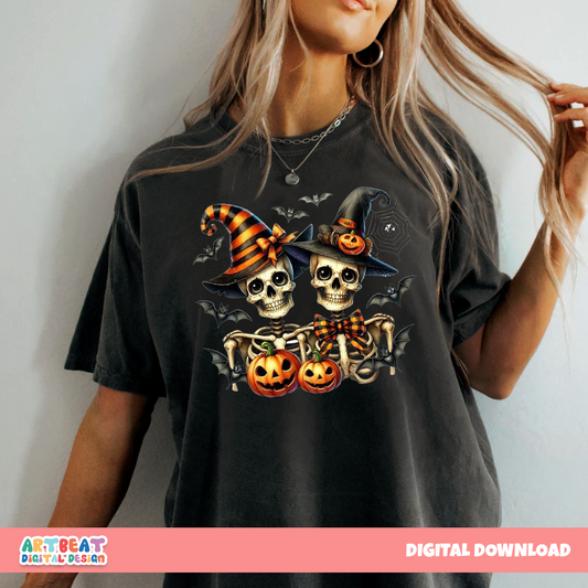 Halloween Couple Skeleton PNG SVG, Spooky Digital Download, Cute Halloween Clipart, Skeleton Shirt Design, Halloween Sublimation Art