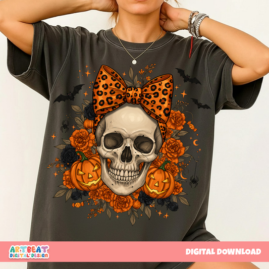 Halloween Skull Bow PNG SVG, Spooky Cute Bow with Skull Clipart, Halloween Hair Bow Design, Sublimation & Cricut Silhouette Digital Files