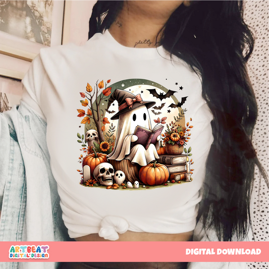 Reading Ghost Halloween PNG SVG, Cute Ghost Clipart, Retro Halloween Sublimation, Spooky Season Digital Download for Shirts & Decor