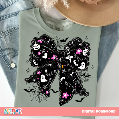 Halloween Lace Spooky Bow PNG SVG, Cute Girly Ghost Bow Design, Spooky Season Shirt Sublimation, Cricut Silhouette Cut File Download