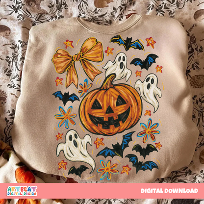 Halloween Pumpkin Ghost PNG SVG, Spooky Cute Ghost Clipart, Retro Halloween Sublimation, Digital Download for Shirts, Mugs & Crafts