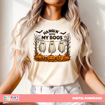 Funny Hanging Ghosts Halloween PNG SVG, Cute Ghost Clipart, Retro Halloween Sublimation, Spooky Season Digital Download for Shirts & Decor