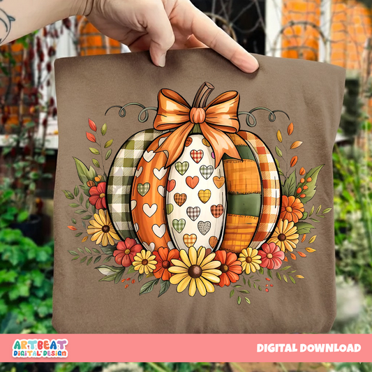 Fall Boho Floral Pumpkin Bow PNG SVG, Preppy Vintage Pumpkin PNG, Autumn Thanksgiving Sublimation Design, Cute Fall Bow Shirt Png Clipart