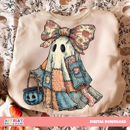 Retro Halloween Blue Denim Ghost PNG SVG, Cute Boo Ghost Clipart, Spooky Season PNG, Fall Pumpkin Sublimation, Halloween Shirt Design