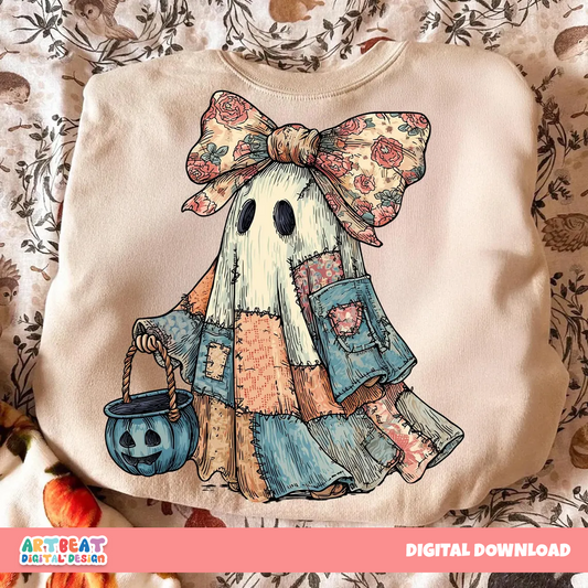 Retro Halloween Blue Denim Ghost PNG SVG, Cute Boo Ghost Clipart, Spooky Season PNG, Fall Pumpkin Sublimation, Halloween Shirt Design