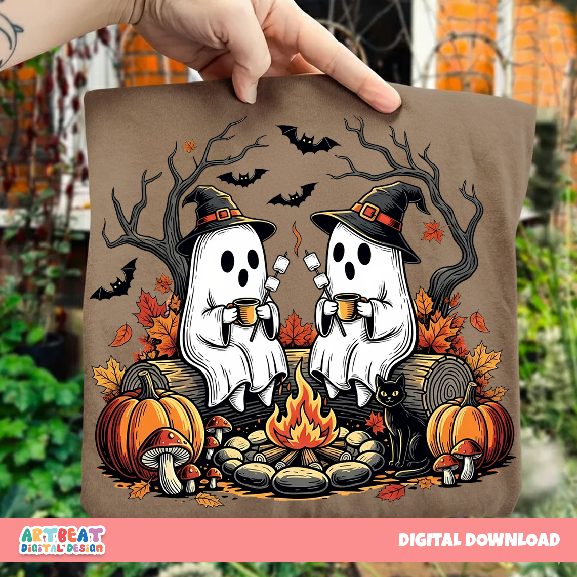 Retro Cute Ghost Halloween PNG SVG, Fall Camping Boo Ghosts Clipart, Autumn Floral Spooky Season, Cozy Campfire Halloween Sublimation Design