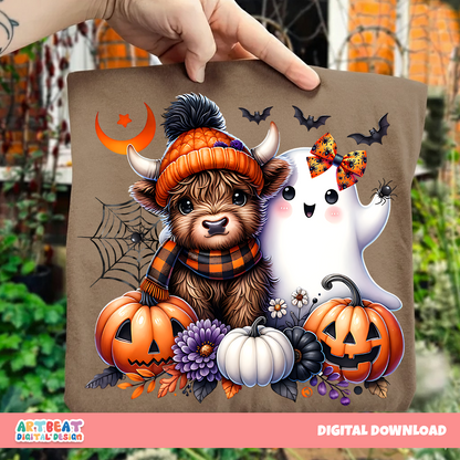 Cute Halloween Highland Cow and Ghost PNG SVG, Farm Animal Spooky Season Digital Design, Fall Sublimation, Cricut Clipart for Shirts & Mugs