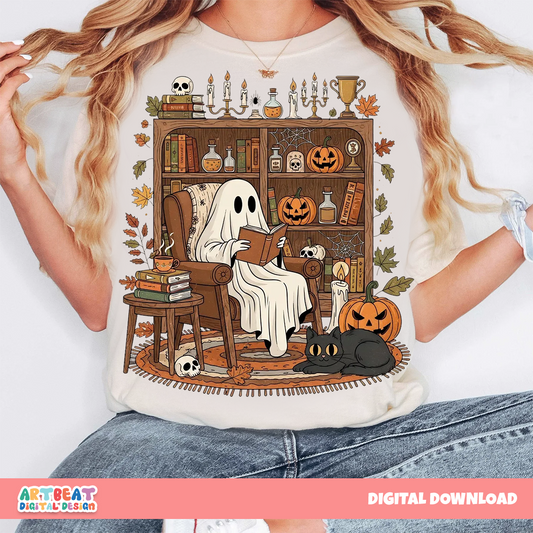 Retro Cozy Ghost Reading Books PNG SVG, Cute Spooky Season Clipart, Vintage Halloween Digital Download for Cricut & Sublimation, Read