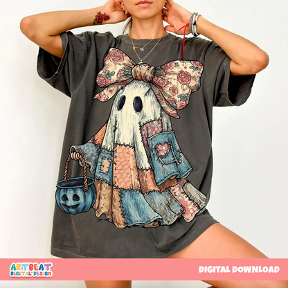 Retro Halloween Blue Denim Ghost PNG SVG, Cute Boo Ghost Clipart, Spooky Season PNG, Fall Pumpkin Sublimation, Halloween Shirt Design
