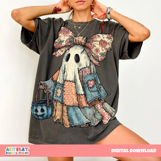Retro Halloween Blue Denim Ghost PNG SVG, Cute Boo Ghost Clipart, Spooky Season PNG, Fall Pumpkin Sublimation, Halloween Shirt Design