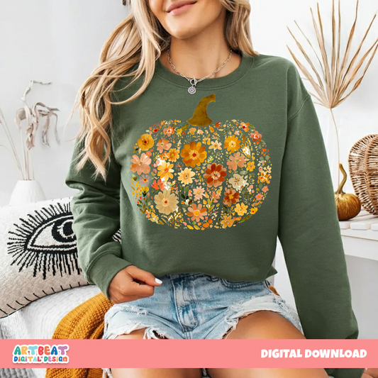 Vintage Floral Pumpkin Ghost PNG SVG, Retro Halloween Floral Ghost Clipart, Fall Pumpkin Digital Download for Cricut & Sublimation