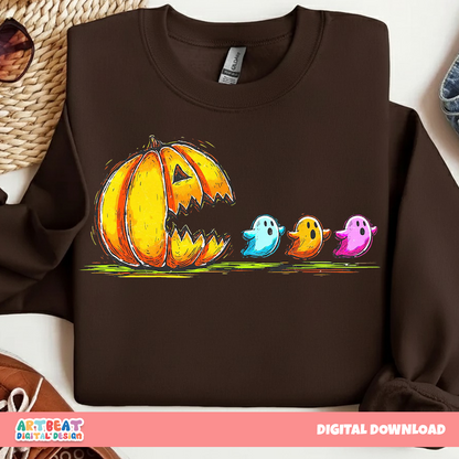 Retro Halloween Pumpkin Chasing Ghost Neon PNG SVG, Spooky Cute Digital Download, Vintage Halloween Clipart for Cricut & Sublimation Digital