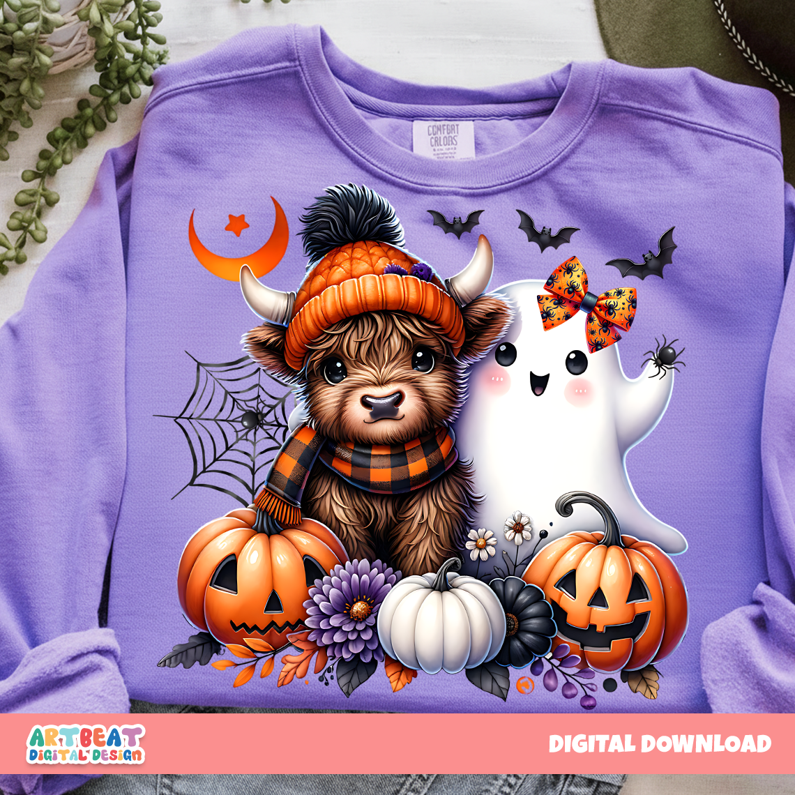 Cute Halloween Highland Cow and Ghost PNG SVG, Farm Animal Spooky Season Digital Design, Fall Sublimation, Cricut Clipart for Shirts & Mugs