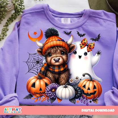 Cute Halloween Highland Cow and Ghost PNG SVG, Farm Animal Spooky Season Digital Design, Fall Sublimation, Cricut Clipart for Shirts & Mugs