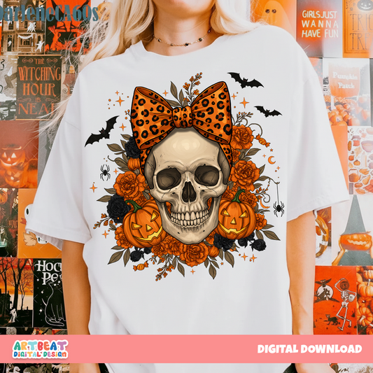 Halloween Skull Bow PNG SVG, Spooky Cute Bow with Skull Clipart, Halloween Hair Bow Design, Sublimation & Cricut Silhouette Digital Files
