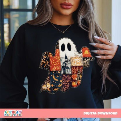 Halloween Vintage Quilt Ghost PNG SVG, Retro Spooky Ghost Clipart, Cute Halloween Digital Download, Sublimation Printable Art, Pumpkin Arts