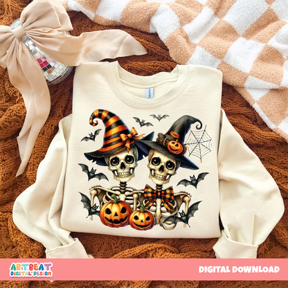 Halloween Couple Skeleton PNG SVG, Spooky Digital Download, Cute Halloween Clipart, Skeleton Shirt Design, Halloween Sublimation Art