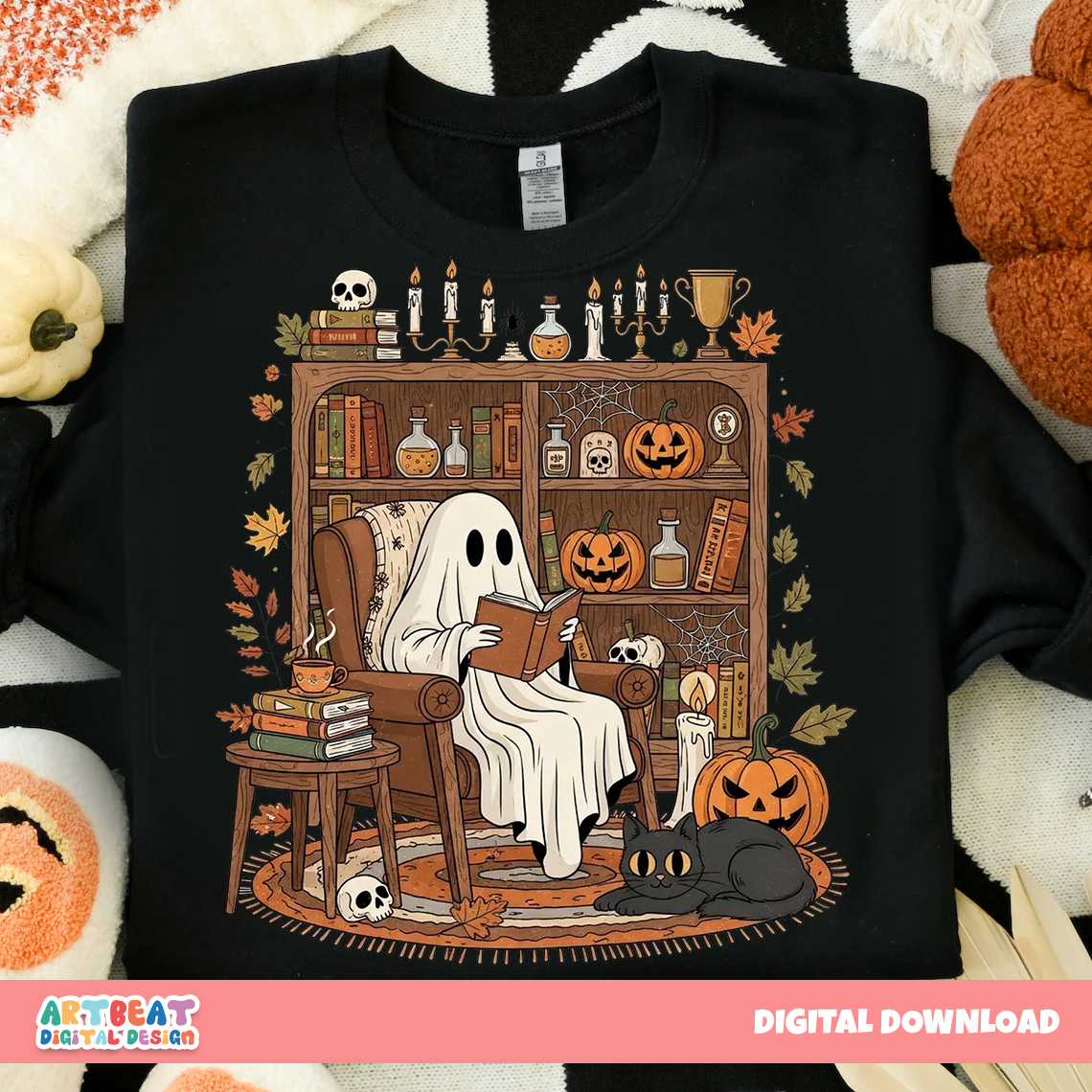 Retro Cozy Ghost Reading Books PNG SVG, Cute Spooky Season Clipart, Vintage Halloween Digital Download for Cricut & Sublimation, Read