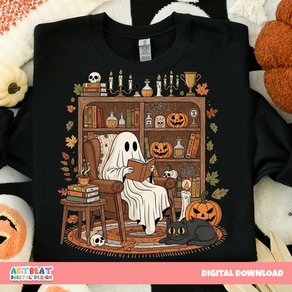 Retro Cozy Ghost Reading Books PNG SVG, Cute Spooky Season Clipart, Vintage Halloween Digital Download for Cricut & Sublimation, Read