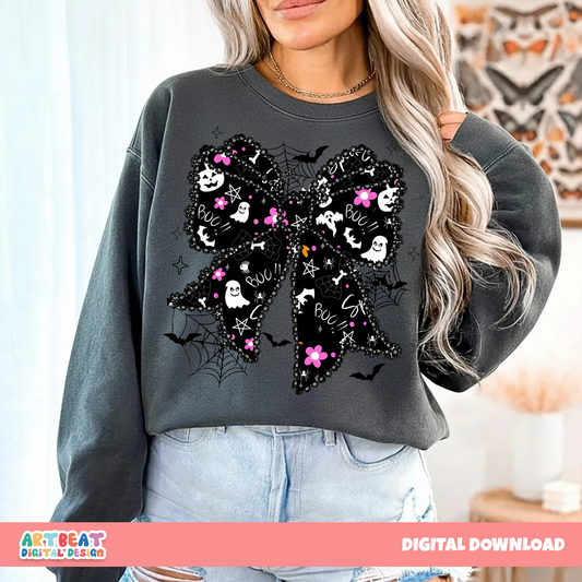 Halloween Lace Spooky Bow PNG SVG, Cute Girly Ghost Bow Design, Spooky Season Shirt Sublimation, Cricut Silhouette Cut File Download