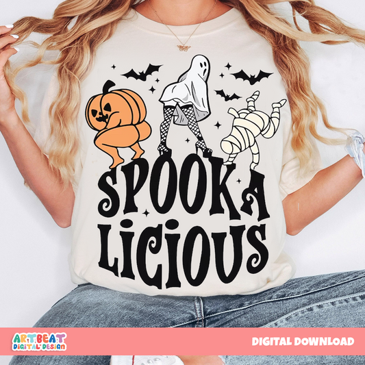 Spooka Licious Halloween PNG SVG, Cute Spooky Ghost Pumpkin Design, Retro Halloween Shirt Sublimation Clipart, Cricut Digital Download