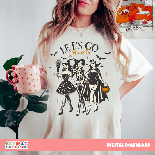 Let’s Go Ghouls Halloween PNG SVG, Retro Ghost Shirt Design, Spooky Season Sublimation Clipart, Funny Halloween Digital Download