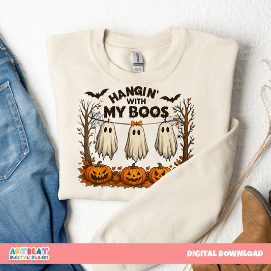 Funny Hanging Ghosts Halloween PNG SVG, Cute Ghost Clipart, Retro Halloween Sublimation, Spooky Season Digital Download for Shirts & Decor