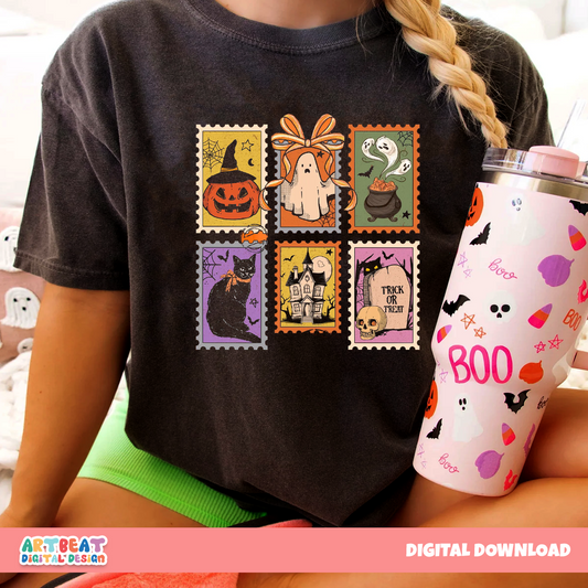 Vintage Halloween Stamps PNG SVG, Retro Spooky Clipart, Digital Halloween Postage Sublimation, Stickers, Scrapbooking & DIY Craft