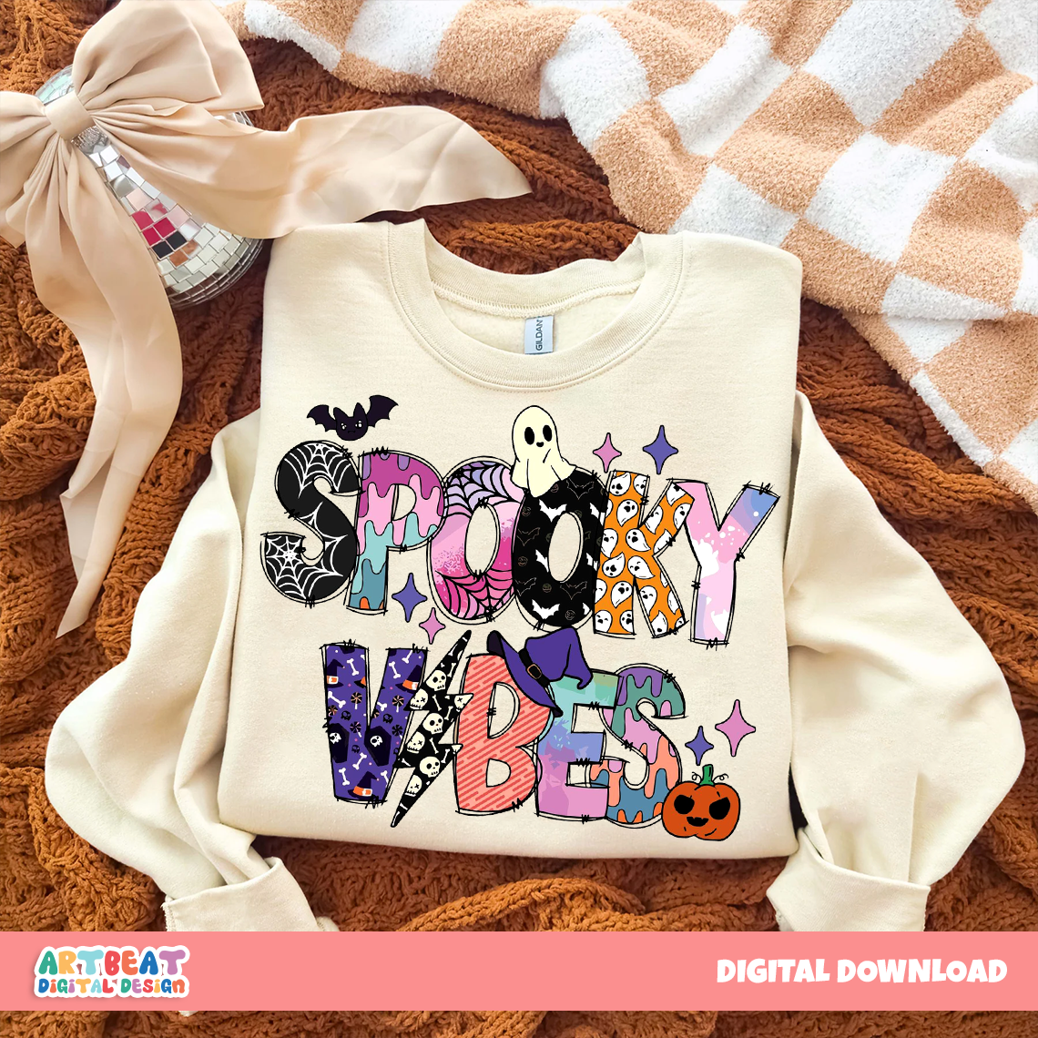 Spooky Vibes Halloween PNG SVG, Retro Ghost Pumpkin Shirt Design, Spooky Season Sublimation Clipart, Cricut Halloween Digital Download