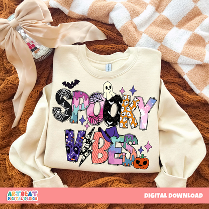 Spooky Vibes Halloween PNG SVG, Retro Ghost Pumpkin Shirt Design, Spooky Season Sublimation Clipart, Cricut Halloween Digital Download