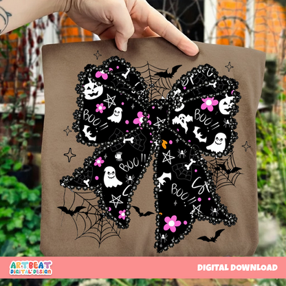 Halloween Lace Spooky Bow PNG SVG, Cute Girly Ghost Bow Design, Spooky Season Shirt Sublimation, Cricut Silhouette Cut File Download