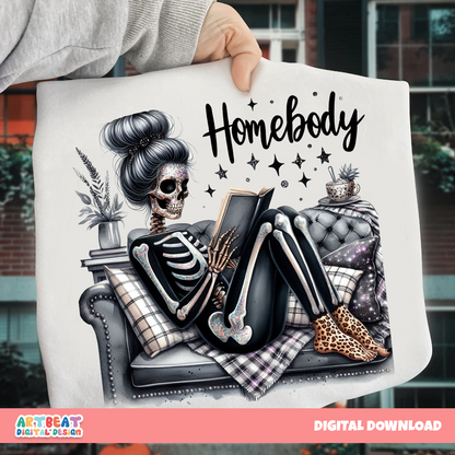Homebody Halloween Ghost Skeleton PNG SVG, Cozy Spooky Season Digital Download, Fall Sublimation, Cute Retro Cricut Clipart